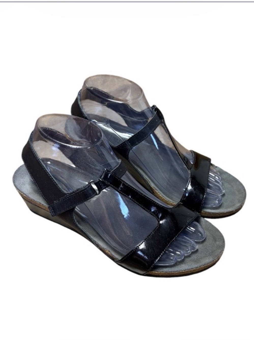 Naot Leather T-Strap Wedge Sandals Womens EU 39 US 8 Black Comfort Heel